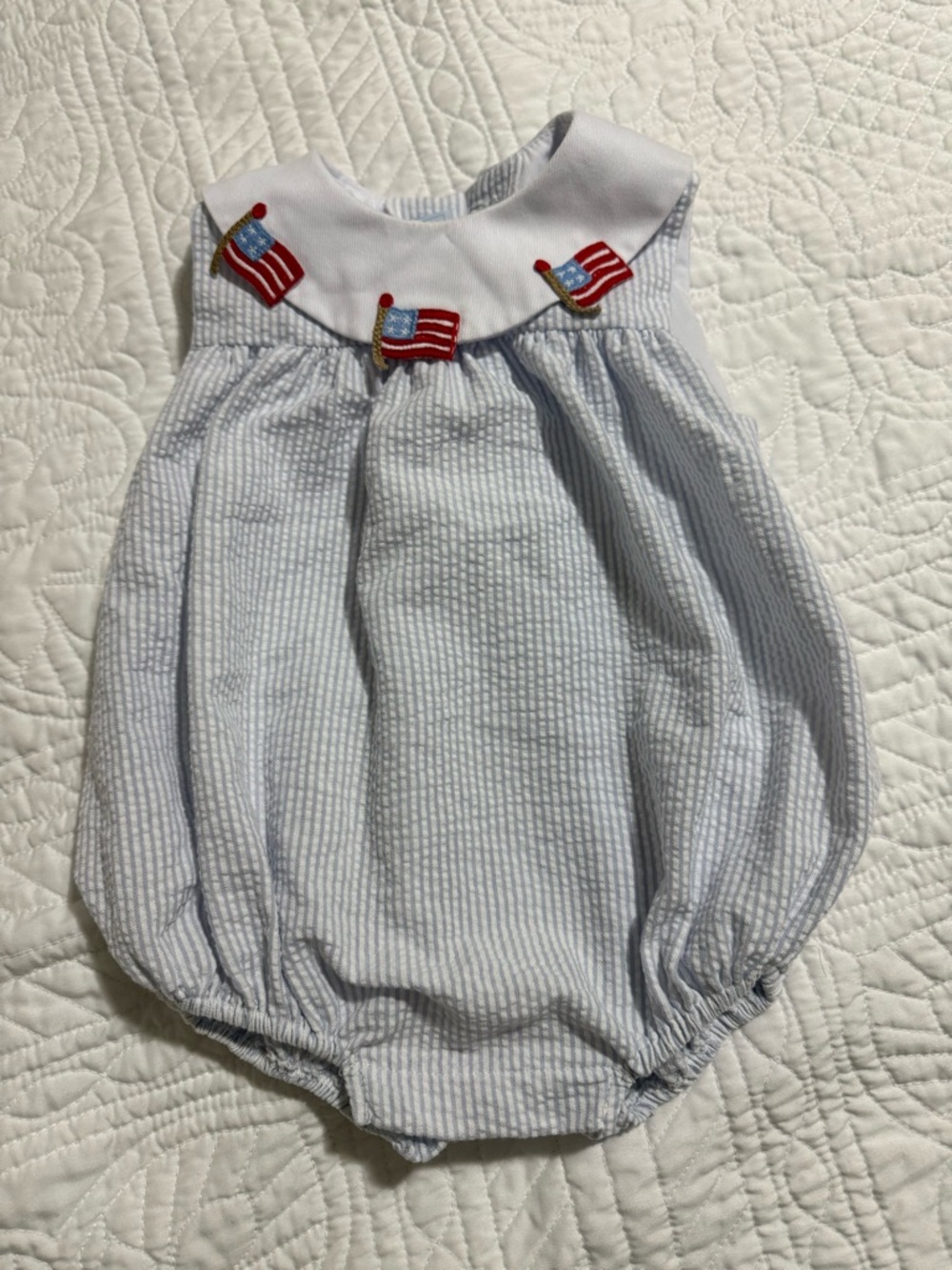 Little English Blue and White Seersucker Bubble Romper with Flag Embroidery